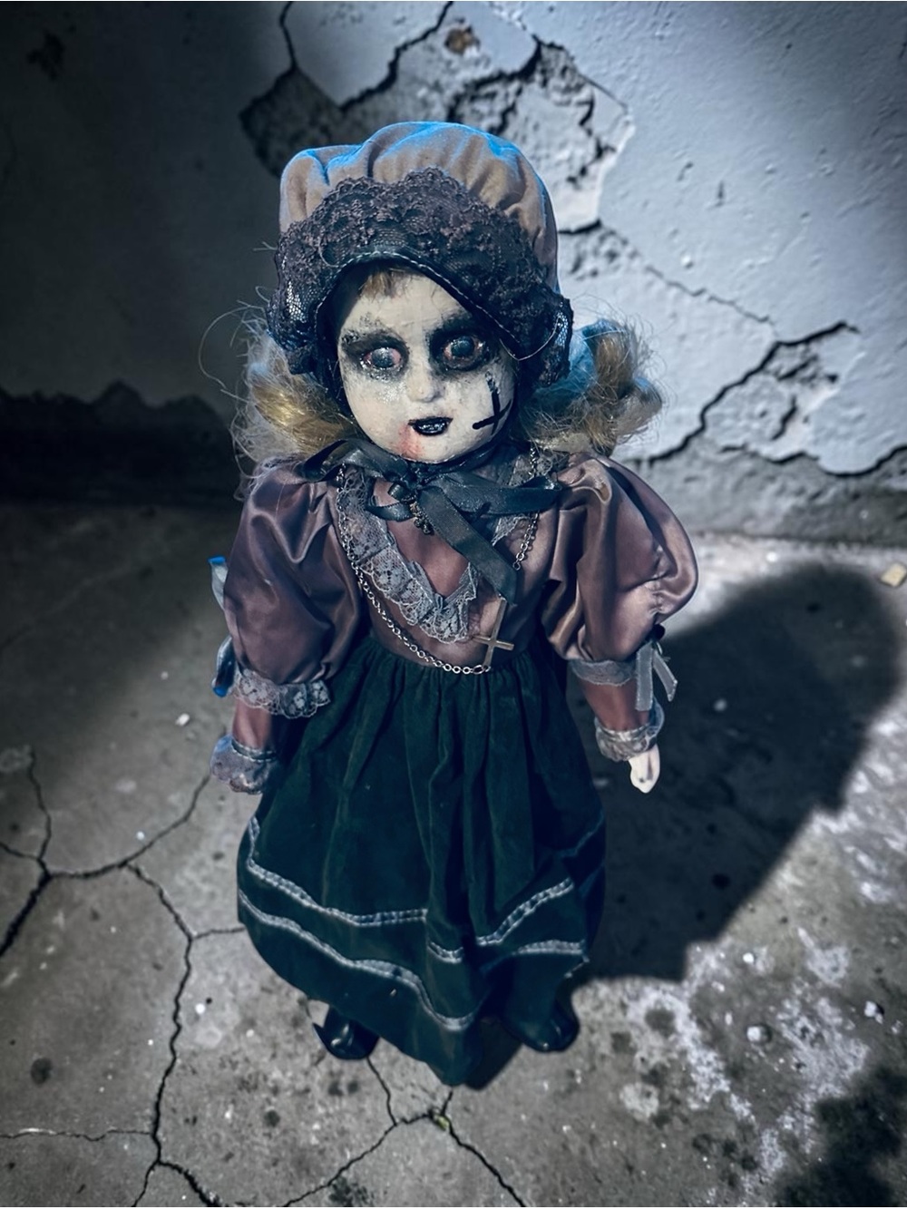 Porcelain Gothic Doll in Green and Gray Dress - OOAK
